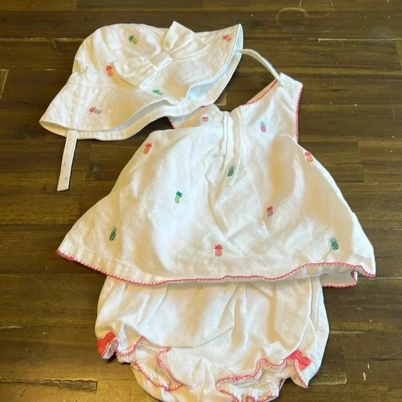 Janie And Jack Pineapple Set Hat embroidered Bloomers Pink White Tropical - Picture 1 of 6